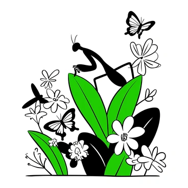An orchid mantis perched on a vibrant green leaf, its limbs mimicking the delicate petals of nearby flowers. Surrounding the mantis are several butterflies in various positions, some resting on the flowers, others in mid-flight. The composition includes multiple types of flowers with distinct shapes and textures, filling the background and foreground with intricate details. The scene captures a balance of natural elements, portraying the mantis harmoniously integrated within its environment.