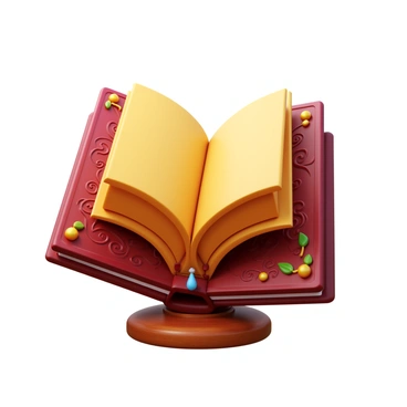 A literary pokal shaped like an open book with golden pages. The book features intricate designs etched on the cover, showcasing a textured leather-like finish in deep burgundy. The pages of the book are slightly curled at the edges, capturing the essence of a well-loved tome. A small elegant bookmark dangles from the spine, and the overall structure stands on a polished wooden base with a glossy finish. Enhancing the design, delicate embellishments of swirling vines and tiny leaves adorn the sides of the pokal, giving it an enchanting touch.