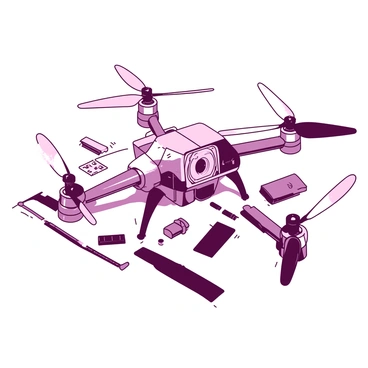 A detailed view of a drone disassembled into its individual parts. The focus is on two shiny motors, positioned at the corners, connected to four sleek propellers, which are arranged in pairs beside each motor. A compact camera is placed prominently in the center, showcasing its lens and mounting bracket. Surrounding these components are various wires and circuit boards, adding to the complexity of the assembly. The layout is organized, allowing easy identification of each part, with the drone's frame partially visible, highlighting its structural design.