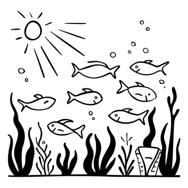 A school of fish swimming in unison, creating a fluid pattern as they navigate through the ocean. The fish are streamlined with fins extended, showcasing their sleek bodies. Surrounding them are swaying sea plants that add depth to the scene. Bubbles rise to the surface, creating a sense of movement in the water. Sunlight streams down from above, casting light beams that illuminate the fish and the ocean floor below.
