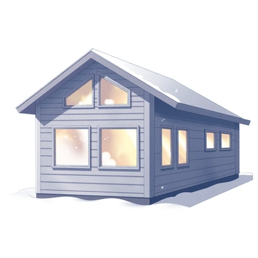 A cozy cabin with multiple windows. Each window is fogged up from the inside, suggesting warmth and comfort within. The cabin's wooden structure is visible, showing natural textures and grains of the timber. Soft light glows from behind the fogged glass, creating a welcoming atmosphere. Snow can be seen gently falling outside, adding to the cozy scene. The ground outside is blanketed in white, contrasting with the warmth visible through the cabin windows.