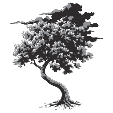 A tall tree with a thick trunk is bending dramatically to the side in a strong wind. The leaves are being blown vigorously, creating a flurry of motion around the branches. The tree's roots are slightly exposed as the ground shifts, showing the power of the wind against its structure. The sky above is filled with dark, swirling clouds, enhancing the intensity of the scene.
