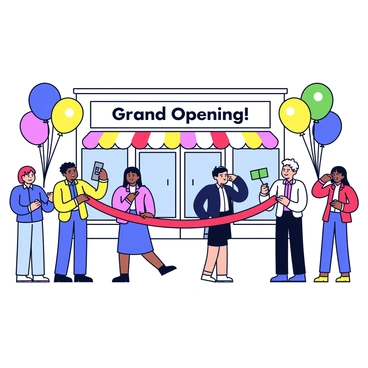 A ribbon-cutting ceremony is happening outside a new store. A large red ribbon is stretched across the entrance, held by two people in formal attire. Colorful balloons in shades of blue, yellow, and green are floating above the crowd. The crowd is composed of several people, some holding cameras and smiling. The store has a bright and welcoming facade with large windows displaying its merchandise. A banner above the entrance reads "Grand Opening!" in bold letters.