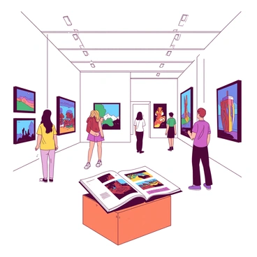 A white art gallery filled with various colorful paintings hanging on the walls. Each painting features vibrant and distinct designs, with some showcasing abstract forms while others display landscapes and portraits. In the center of the gallery, there is an orange pedestal displaying an art magazine open to a page featuring the current exhibition. The magazine has colorful images of the paintings in the gallery. Soft lighting enhances the colors of the artwork, while visitors can be seen admiring the pieces throughout the space.