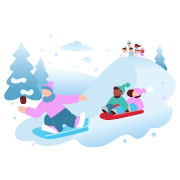 A group of children is sledding down a snowy hill. The children are bundled in colorful winter clothing, with hats and scarves flapping in the wind. One child is leading the way on a bright blue sled, while two others follow closely behind on a red sled. In the background, snow-covered trees create a wintery landscape. Snowflakes are gently falling from the sky, adding to the festive atmosphere. A small hilltop is visible where more children can be seen preparing for their turn to sled. The scene is filled with the energy of play and fun.