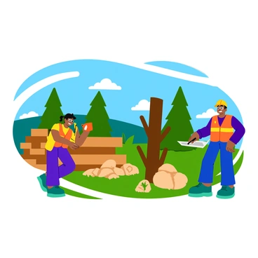 A group of three workers in bright safety vests are actively managing a logging site. One worker is examining a tree with a measuring tape, while another is marking a tree with a bright orange flag. The third worker is observing a map of the area, ensuring that sustainable practices are followed. Surrounding them are freshly cut logs stacked neatly, and a few standing trees are visible in the background. The sky is clear with a few fluffy clouds, creating a vivid and lively environment.