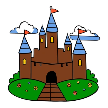 A fairytale castle with towering spires and whimsical architecture, constructed entirely out of KitKat bars and chocolate. The castle features large chocolate walls with intricate designs, and KitKat bars forming the rooftops, creating a delightful texture. Surrounding the castle are lush green fields with colorful flowers, enhancing the magical setting. The sky is a bright blue with fluffy white clouds, adding to the enchanting atmosphere. A pathway made of chocolate tiles leads to the entrance of the castle, inviting visitors to explore this sweet creation.