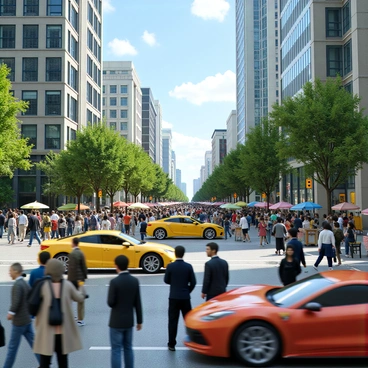 A bustling city muster with people, cars, and buildings all in motion
