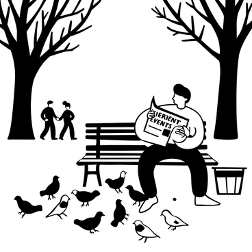 A man with a distinctive mustache sitting on a park bench, holding a newspaper in one hand and scattering breadcrumbs to a flock of pigeons at his feet. The newspaper displays the headline "Current Events" prominently. The bench is surrounded by several pigeons pecking at the ground, while tree branches arch overhead, casting intricate shadows. There is a small trash can nearby, and a couple of park-goers are walking in the background.