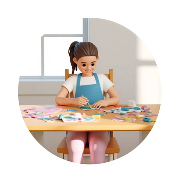 A young girl, wearing a blue apron over a white t-shirt and pink leggings, is sitting at a wooden table covered in colorful crafting supplies. She is focused on making handmade cards, using vibrant materials like bright colored paper, markers, and stickers. Scattered around her are various tools, including scissors, glue, and a hole punch. The girl has long brown hair pulled back in a ponytail and is smiling as she carefully arranges different elements on one of the cards. Sunlight is streaming through a nearby window, illuminating the scene and highlighting the cheerful colors of her project.