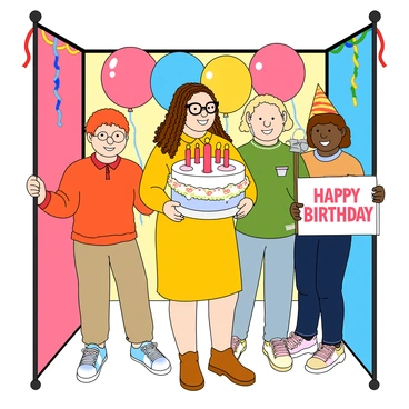 A young woman with light skin and long, curly brown hair is standing in a colorful birthday photo booth. She is wearing a bright yellow dress and holding a large, oversized birthday cake prop with candles on it. Surrounding her are three friends, each with cheerful expressions. One friend has short red hair and is wearing a pair of large black glasses, while another friend with medium-length blonde hair is holding a funny mustache on a stick. The third friend, who has dark skin and is wearing a party hat, is holding a sign that says "Happy Birthday" in bold letters. The backdrop of the photo booth is decorated with vibrant balloons and streamers, creating a festive atmosphere.