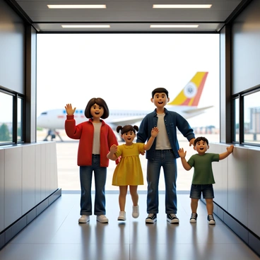 A family waving happily from inside a jet bridge as they prepare to board their flight