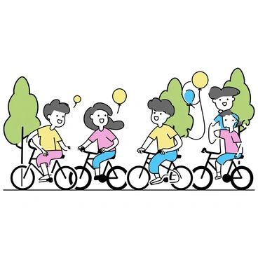 A group of children riding bicycles in a park. Each child is on a different colorful bicycle, with vibrant hues of red, blue, yellow, and green. The children are wearing casual clothes, including t-shirts and shorts, and they have cheerful expressions on their faces. Surrounding them are trees with green leaves, providing partial shade. Some children are laughing and chatting with each other as they ride, while others are focused on pedaling. A few colorful balloons are tied to the handlebars of the bicycles, adding to the festive atmosphere.