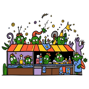 A whimsical market scene featuring friendly goblins with green skin and big eyes. The goblins are selling peculiar and magical items like glowing potions in colorful bottles, enchanted trinkets, and whimsical charms. Each goblin has a unique hairstyle and is wearing a mix of vibrant, mismatched clothes. The market stalls are decorated with colorful banners and fairy lights, creating a lively atmosphere. In the background, there are unusual plants and fantastical creatures looking on curiously. The sky is bright with a hint of magic in the air, enhancing the enchanting feel of the market.