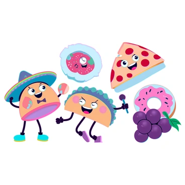 A lively scene featuring a series of cartoon characters representing various foods. There is a dancing taco with arms and legs, wearing a sombrero and colorful maracas. Next to it, a singing sushi roll with big eyes and a wide smile holds a microphone, adorned with a tiny bowtie. In the background, a cheerful slice of pizza is doing a funny dance, with pepperoni spots and a floppy cheese crust. A playful donut with sprinkles bounces joyfully, while a bunch of grapes giggles, rolling around playfully. Each character expresses joy and energy, creating a vibrant, amusing atmosphere.