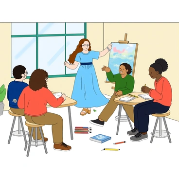 A group of four students, each with different skin tones and hairstyles, are sitting on stools around a central model. The model is a young woman with long flowing hair, striking a pose with one arm raised and a gentle smile. She is wearing a flowing blue dress that drapes elegantly around her. The art studio is bright and airy, with large windows allowing natural light to flood in. Various art supplies, including colored pencils and sketchbooks, are scattered on the tables around the students. Each student is focused on their sketching, with one student wearing glasses, another with curly hair, and the third having a ponytail. A canvas with a colorful painting leans against the wall in the background.