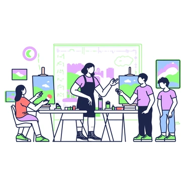 Inside a spacious art classroom, several students are engaged in painting on easels. Each student has their own easel with a canvas displaying different colorful landscapes. The students are focused, with one girl in a red shirt mixing paint on a palette while another boy in a blue t-shirt applies brush strokes to his canvas. In the center of the room, a teacher is guiding them, standing beside a student. The teacher is wearing a black apron and pointing towards the easel, offering feedback. Various art supplies, including brushes, paint tubes, and palettes, are scattered on the tables around the room. The walls are adorned with vibrant artwork created by the students.