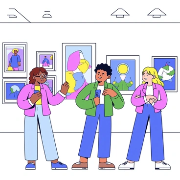 A group of three art enthusiasts is standing together, engaged in lively discussion. One person, a woman with short brown hair wearing glasses, is pointing at a vibrant painting displayed on the wall. Another person, a man with curly black hair, is leaning in close with a thoughtful expression, holding a small brochure in his hand. The third person, a woman with long, straight blonde hair, is nodding in agreement while crossing her arms. Behind them, various pieces of artwork are showcased, featuring varied styles and colors. The setting is a spacious and bright exhibition hall, with soft lighting highlighting the artworks.