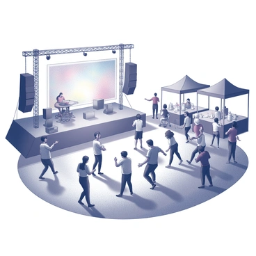 A vibrant outdoor music festival scene is depicted. Numerous people are gathered, some dancing joyfully while others are watching the performances on stage. The stage is set up with large speakers and colorful banners. The audience is diverse, with individuals of different ages and styles, all engaged in the lively atmosphere. Food stalls are visible in the background, with people enjoying snacks and drinks. Bright lights illuminate the stage, enhancing the festive ambiance.