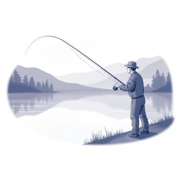 A fisherman stands quietly by the edge of a lake. He is facing the water, holding a fishing rod in one hand, while the other hand rests at his side. The surface of the lake is smooth, reflecting the early morning light. The surrounding landscape features silhouettes of trees and gentle hills in the background. A light mist hovers above the water, enhancing the tranquil atmosphere of the scene. The fisherman is wearing a simple hat and practical clothing suitable for fishing.