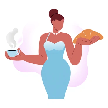 A figure is wearing a classic Audrey Hepburn-inspired dress, characterized by its elegant silhouette and fitted bodice. The dress is complemented by a string of pearls around the neck, adding a touch of sophistication. In one hand, the figure is holding a steaming cup of coffee, while the other hand delicately supports a golden-brown croissant. The background features soft gradient pastel colors that enhance the overall composition.