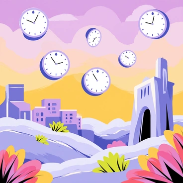 A landscape featuring an array of "floating clocks" drifting gracefully in the sky. The ground is dotted with "twisted, melting structures" resembling distorted buildings, their shapes dripping like wax. In the background, a vibrant sky in shades of purple and orange adds to the dreamlike atmosphere. The foreground includes patches of "colorful, oversized flowers" that contrast with the unusual forms, enhancing the surreal quality of the scene.