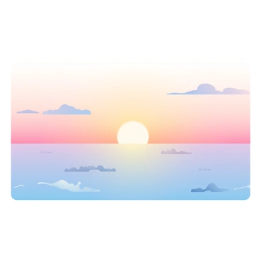 A wide view of an ocean at sunset stretches across the image. The sky is filled with soft pastel colors, including shades of pink, lavender, and light orange. The water reflects these colors, creating a gentle gradient effect on the surface. In the distance, small waves can be seen gently lapping at the shore. Silhouetted against the sky are a few wispy clouds, adding depth to the scene. The horizon line is clearly defined where the sea meets the sky, enhancing the tranquil atmosphere.