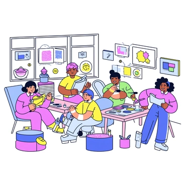 A bright workshop scene filled with artists actively creating illustrations. Each artist is focused on their work, using various tools such as paintbrushes, markers, and colored pencils. Surrounding them are vibrant materials, including stacks of colorful paper, tubes of paint, and jars filled with glitter. The room is filled with light from large windows, enhancing the cheerful atmosphere. On the walls, several finished illustrations are displayed, showcasing a variety of styles and subjects.