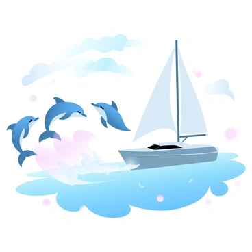 A playful group of dolphins is swimming alongside a moving yacht. The dolphins are leaping out of the water, creating splashes as they glide through the waves. The yacht is sleek and modern, with white sails unfurled, catching the wind. The water is a gradient of blue and turquoise, reflecting the sunlight. The sky above is clear with a few wispy clouds, adding to the vibrant atmosphere of the scene. The dolphins seem to be enjoying their playful interaction with the yacht.