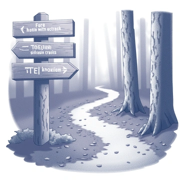A forest path winding through dense foliage. The ground is covered with fallen leaves and small stones, leading deeper into the woods. A rustic wooden signpost stands prominently, displaying multiple arrows pointing in various directions. Each arrow is engraved with trail names and distances, indicating the paths ahead. Surrounding trees are tall and sturdy, their trunks covered in moss, while the canopy above is dense, filtering light into soft patches on the ground.