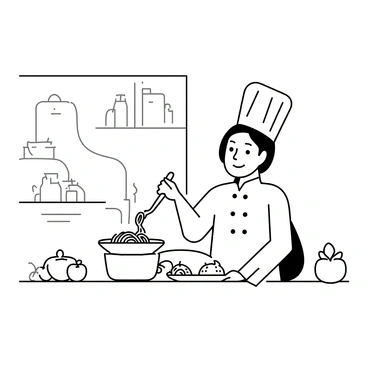 A chef wearing a traditional white chef's coat and a tall chef hat is standing in a Jollibee kitchen. The kitchen is busy, with various cooking utensils and ingredients visible. The chef is focused on preparing a plate of spaghetti, with a large pot of boiling water on the stove. He is stirring the spaghetti with a wooden spoon and has a bowl of sauce nearby, ready to be added. Fresh tomatoes and basil are on the counter, indicating the ingredients for the sauce. The atmosphere is energetic, with the chef's concentration evident as he works on the meal.