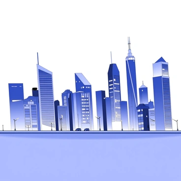 A city skyline is depicted at dusk, with a collection of tall and modern buildings forming the horizon. The structures have various designs, featuring glass facades, balconies, and antennas. As the day transitions into night, lights from the buildings illuminate the scene, creating bright points that connect across the skyline. Streetlights below add to the illumination, casting soft shadows on the ground. The sky is filled with a gradient of fading light, transitioning from soft hues to darker shades as night approaches.