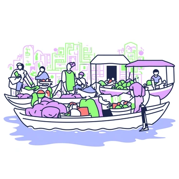 A bustling riverside market is filled with activity. Several boats are docked along the shore, each one laden with an array of produce and textiles. The first boat displays vibrant fruits and vegetables, stacked neatly in baskets. Next to it, another boat showcases colorful rolls of fabric, draped elegantly over the sides. Marketgoers are engaging with vendors, examining the fresh goods and chatting animatedly. In the background, there are wooden stalls filled with additional produce and handcrafted items. The scene is alive with movement and energy, as people navigate through the multitude of offerings.