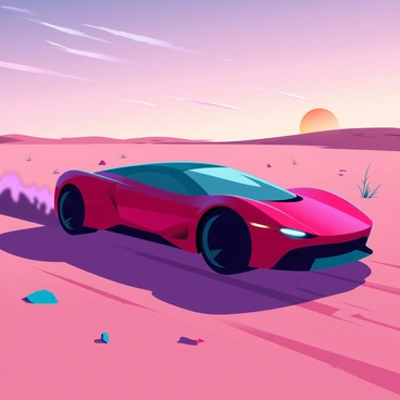 A sleek red sports car with aerodynamic curves is speeding through a vast sandy desert. The car's glossy surface reflects the warm hues of the setting sun. Dust is kicking up behind the tires, creating a cloud that trails in the car's wake. In the background, the sky is a gradient of orange, pink, and purple as the sun dips below the horizon, casting long shadows across the dunes. Sparse vegetation and small rocks dot the landscape, emphasizing the desolate beauty of the desert environment.