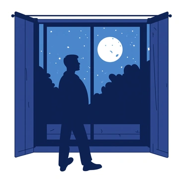 A silhouette of a figure standing by a window, framed by a full moon and soft night sky.