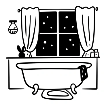 A nighttime bathroom with soft lighting and a view of the stars through the window.