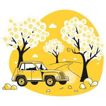 A truck with its headlights on is driving down a winding road. The road is flanked by numerous cherry blossom trees in full bloom, their delicate petals scattered on the ground. The branches of the trees are heavy with flowers, creating a vibrant canopy above the truck. The scene is illuminated by the warm glow of the truck’s lights, highlighting the beauty of the cherry blossoms. The sky is clear, allowing soft natural light to filter through the blossoms.