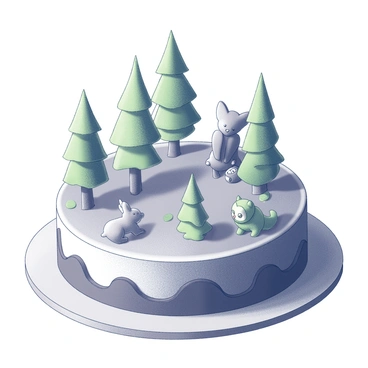 A round torte is displayed on a wooden table. The surface of the cake is intricately designed to resemble a forest landscape. Small chocolate trees of various sizes rise from the cake, each detailed with textured bark and green frosting leaves, creating a dense canopy effect. Scattered among the trees are several marzipan animals, including a small deer, a rabbit, and an owl, each crafted with careful attention to detail. The overall presentation gives an enchanting woodland atmosphere, with the animals positioned naturally within the forest scene.