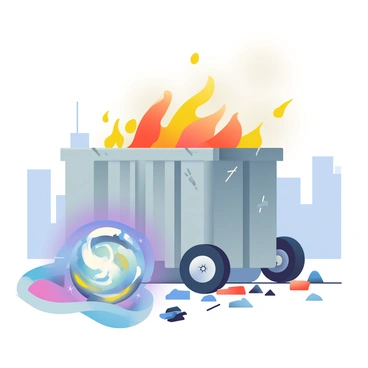 A large dumpster is ablaze, with flames and smoke billowing out of it. The dumpster is metallic and rectangular, displaying a few dents and scratches. Surrounding it are scattered debris and charred remnants, creating a chaotic scene. In the foreground, a swirling time-travel portal is framed, its edges glowing with vibrant colors like blue and purple. The portal has a swirling pattern, suggesting movement and distortion of time and space. The background is a blurred cityscape with tall buildings, providing a contrast to the dumpster fire. The overall composition emphasizes the juxtaposition of destruction and the fantastical element of the portal.