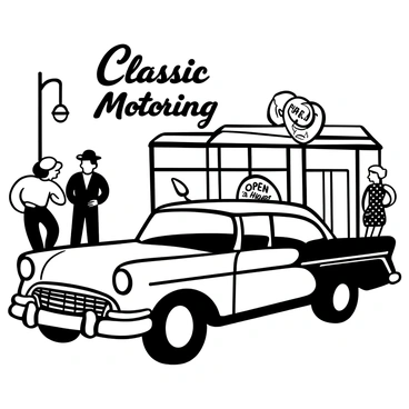 A classic car advertisement illustration from the 1950s with bold colors