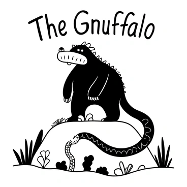 A large creature with distinctive features, resembling the Gruffalo, stands on a warm rock. The Gruffalo has a spiky back and large claws, casting a long shadow onto the surface of the rock. Next to the Gruffalo, a snake with elongated body is slithering gracefully. The snake's scales are intricately detailed as it curves around the base of the rock. Surrounding them, various plants and small rocks create a natural setting, while the texture of the warm rock contrasts with the snake’s smooth form. Words "The Gruffalo" are positioned above the scene, emphasizing the central characters of the illustration.