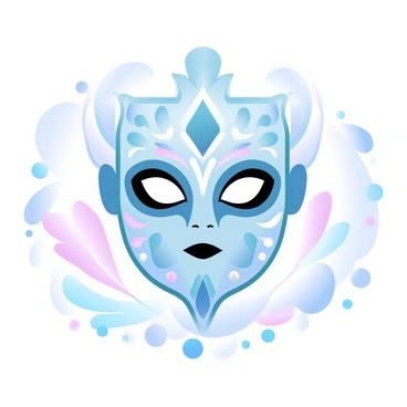 An ornate mask is positioned at the center of the image, featuring intricate designs that include swirling patterns and geometric shapes. The mask is adorned with vibrant colors that blend softly into one another, creating a gradient effect. Surrounding the mask are subtle hints of ceremonial items such as feathers and beads, delicately arranged around its base. The background consists of delicate, layered shapes that suggest an atmosphere of mystery and ancient tradition.