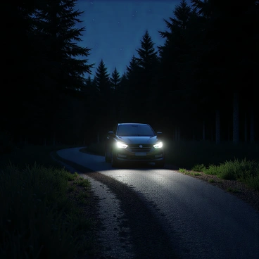 A crossover SUV with a sleek design and shiny exterior is driving along a narrow forest road at night. The vehicle's headlights cast a bright white beam of light that pierces through the darkness, illuminating the surrounding tall trees and dense foliage. The road is slightly winding, with patches of gravel and dirt. Shadows are cast by the trees, creating a contrast between the illuminated path and the dark surroundings. The sky is visible above, revealing a few scattered stars amidst the darkness. The atmosphere is dynamic as the SUV moves forward, creating a sense of adventure.