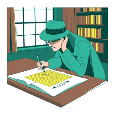 A teal detective with a focused expression is crouched over a large wooden table in an old library. The table is covered with a yellow crossword puzzle laid out on a crisp white sheet of paper. The detective is holding a magnifying glass in one hand, inspecting the puzzle closely, while the other hand is poised with a pencil ready to write. Behind the detective, tall bookshelves filled with yellowed books stretch towards the ceiling. A warm, ambient light filters in through a large window, casting soft shadows around the space, enhancing the atmosphere of mystery and intellect.