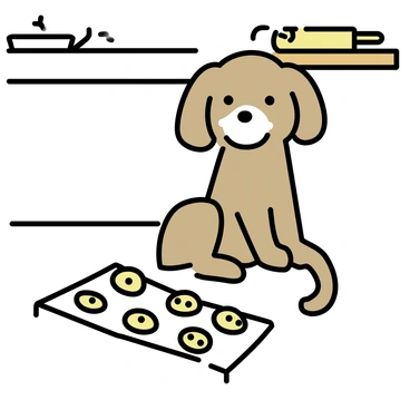 A brown dog with floppy ears is sitting on a tiled kitchen floor. The dog has flour dust on its nose, indicating its playful involvement in baking. Around the dog, there are several freshly baked cookies arranged on a cooling rack. The cookies are round and golden brown, some with chocolate chips visible. In the background, there is a wooden kitchen counter with baking supplies scattered about, including a mixing bowl and a rolling pin.