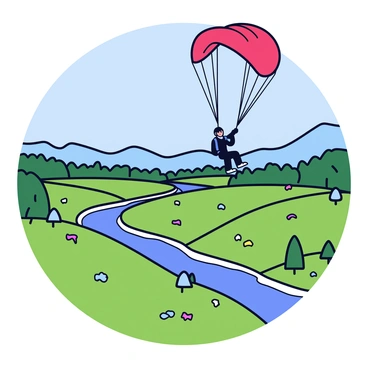 A paraglider with a bright red canopy is soaring through the sky, catching the wind currents effortlessly. Below, a scenic valley stretches out, filled with lush green fields and patches of colorful wildflowers. A winding river glistens under the sunlight, reflecting the blue sky above. The distant hills provide a gentle backdrop, their slopes covered in dense trees. The paraglider's pilot is wearing a black helmet and a blue harness, enjoying the view from high above.
