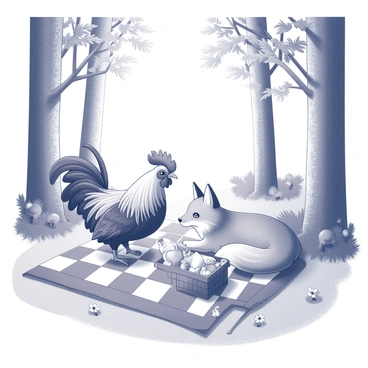 A rooster sitting on a checkered picnic blanket, with a basket filled with food items nearby. A fox is lying down next to the rooster, both characters engaged in a lively interaction. The surrounding woodland consists of tall trees with intricate bark textures and a variety of lush foliage. Sunlight filters through the leaves, casting dappled shadows on the ground. There are small mushrooms scattered around and a few wildflowers adding detail to the scene.