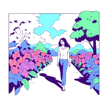 A person is walking confidently down a narrow path. The path is lined with vibrant blooming flowers in various colors, creating a visually striking scene. The flowers are in full bloom, with petals spread open towards the sunlight. The person is dressed casually, with a relaxed posture that conveys confidence. The sunlight filters through the leaves of nearby trees, casting gentle shadows along the path.