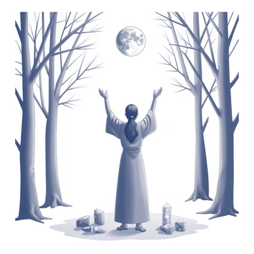 A practitioner stands in a peaceful setting, illuminated by a "full moon" above. The practitioner is dressed in flowing robes, with arms raised and hands positioned to channel energy. Surrounding them are tall trees with intricate branches, creating a natural canopy. Soft earth beneath their feet adds to the tranquility of the scene. The moonlight casts gentle shadows, enhancing the serene atmosphere of the moment. Various stones and crystals are placed around the practitioner, symbolizing energy focus and intention.