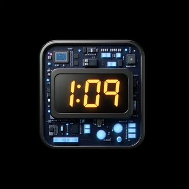 A clock with a rectangular digital display, showing the time in bright, glowing numbers. The exterior frame of the clock is made of sleek black metal with sharp edges. Surrounding the display are various digital components, such as circuit boards and microchips, intricately arranged. There are illuminated elements that emit a soft blue glow, highlighting the clock's modern design. The background is dark to enhance the vibrant colors of the glowing components.